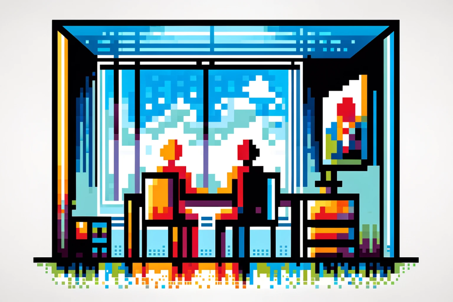 two people in an office setting, abstract and pixelated